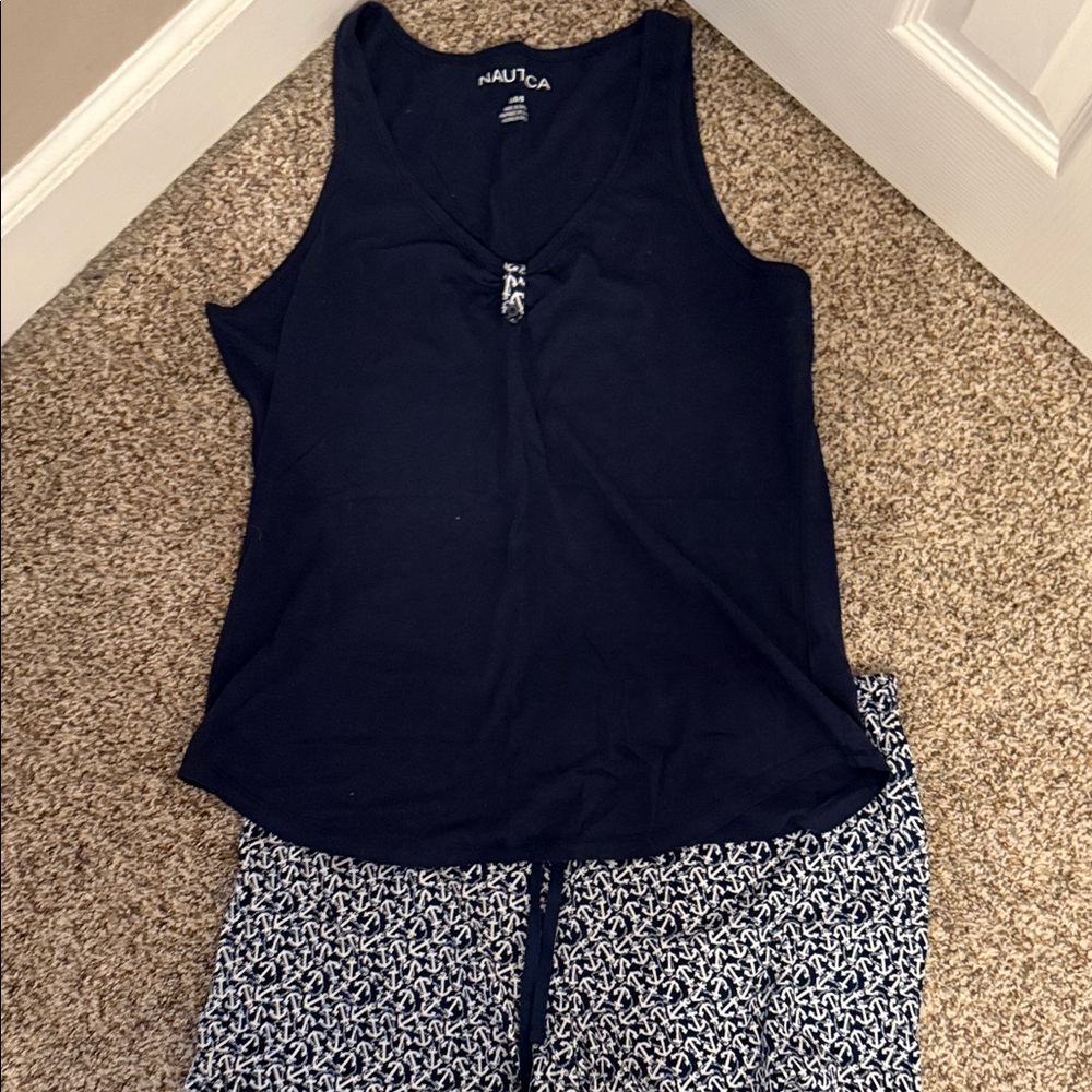 Nautica Dark Blue Top and Patterned Pajama Shorts Set